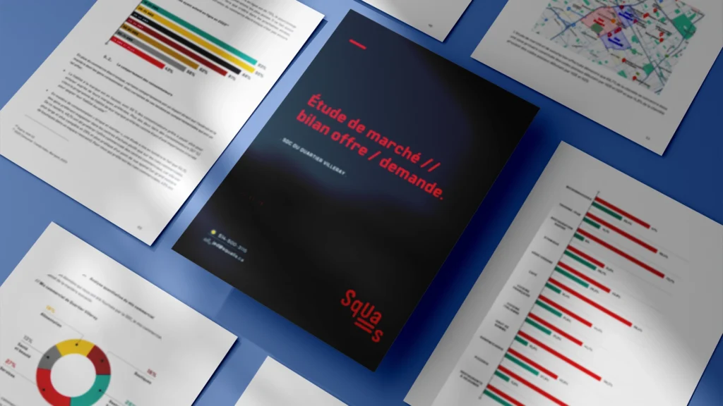 Image d’un rapport d’étude de marché intitulé "Étude de marché - bilan offre / demande" pour la SDC du Quartier Villeray, disposé sur une surface bleue. La couverture du rapport est sombre avec un texte en rouge et blanc, accompagné du logo de l’entreprise Squalls en bas. Autour du rapport, plusieurs pages ouvertes présentent des graphiques, des diagrammes circulaires et des cartes, illustrant des données et des analyses de marché.